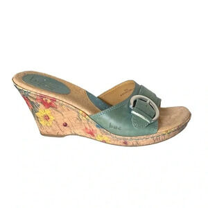 B.O.C | Born Concept Green Leather Floral Cork Wedge Sandals  Size 10